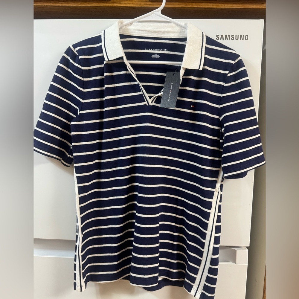 Tommy Hilfiger Navy and White Striped Polo